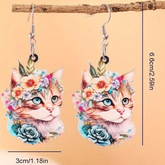 🌸😸Acrylic Hook Drop Beautiful Floral Cat Dangle Drop Earrings - Picture 9 of 10